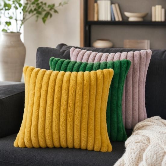 Imitation Rabbit Fur Pillowcase, Soft Plush Vertical Strip Design Throw Pillow Case, Decorative Cushion Cover for Sofa Bed Chair