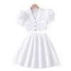 Белый костюм для девочек-подростков, лето 2024, короткая куртка с пышными рукавами, топ и юбка, детская одежда, модные комплекты для детей