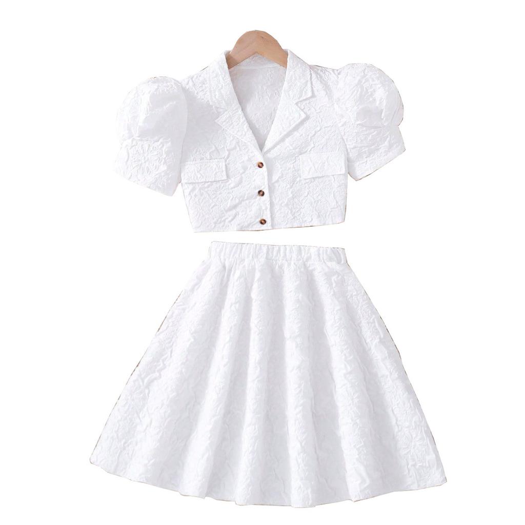 Белый костюм для девочек-подростков, лето 2024, короткая куртка с пышными рукавами, топ и юбка, детская одежда, модные комплекты для детей