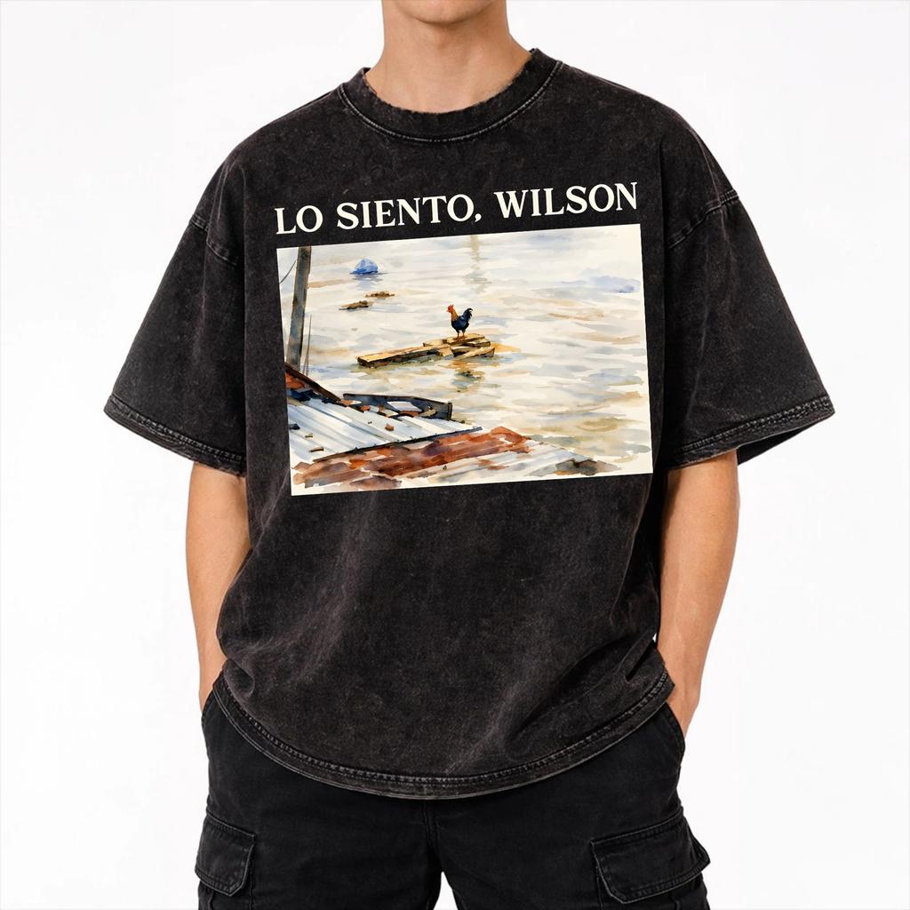 Lo Siento Wilson Rooster 88070439 Washed T Shirt Streetwear Hip Hop Fashion T-Shirts Tees Tops for Men Women Short Sleeve