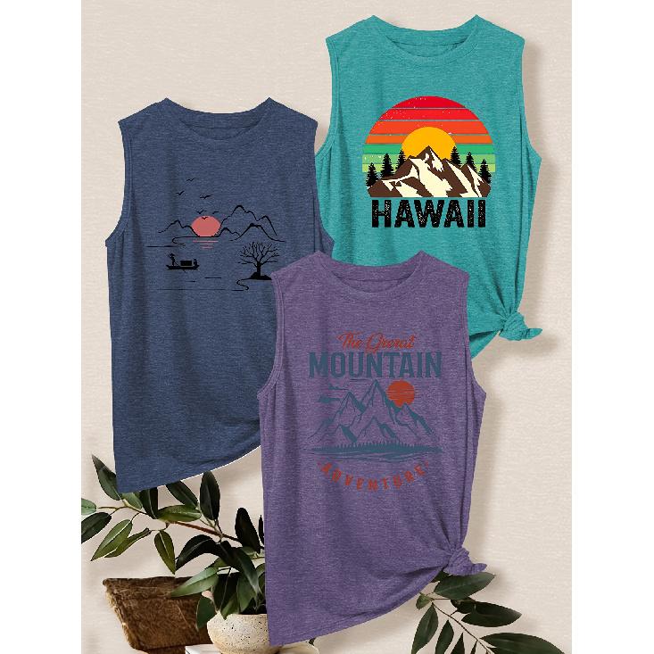 3Set of tank tops Hawaiian mountain scenery print loose casual vest T Shirt Retro-style breathable, comfortable, and soft fabric Spring and Summer