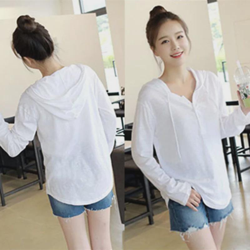 Women's Solid Color Hooded T-Shirt - Loose Fit Korean Style Long-Sleeve Hoodie, White Bottoming Layer for Early Autumn