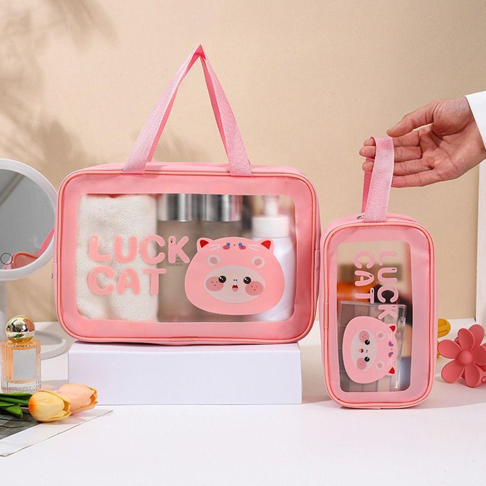 PU Makeup Bag Transparent Cartoon Cosmetic Storage Bag Wet-Dry Separation Large Capacity Travel Toiletry Pouch for Women Girls