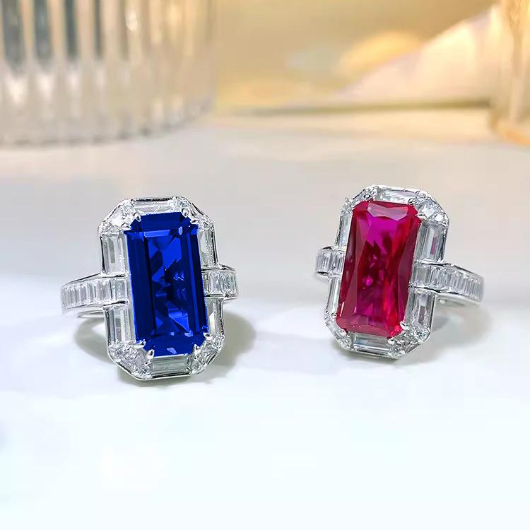 Heavy Industry Luxury High-end Rectangle Red Corundum Pendant Inlaid with High Carbon Diamond Blue Spinel Ring Earrings, Women