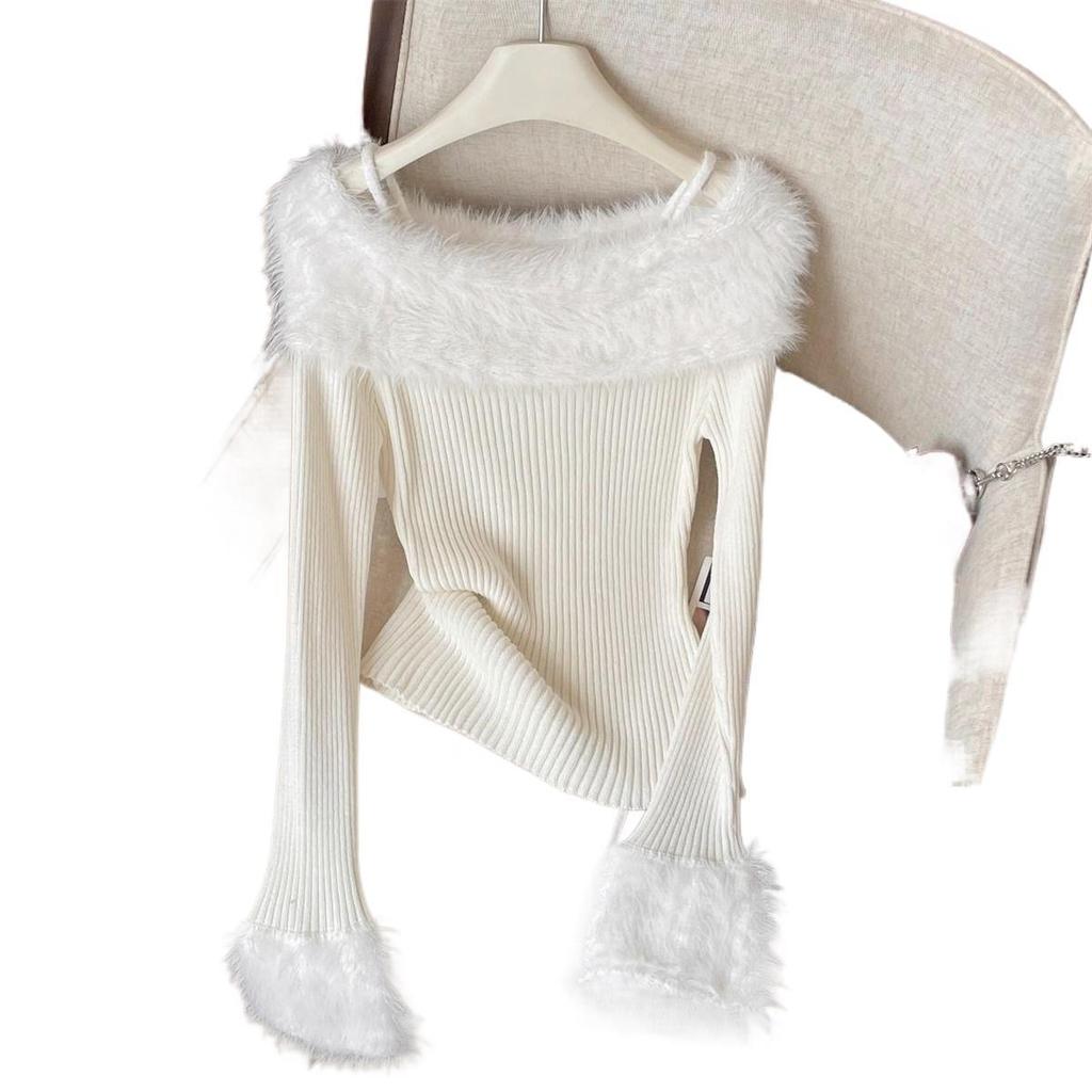 Шикарный французский женский свитер-топ на одно плечо с расклешенными рукавами - Облегающий пушистый базовый слой для осени/зимы.