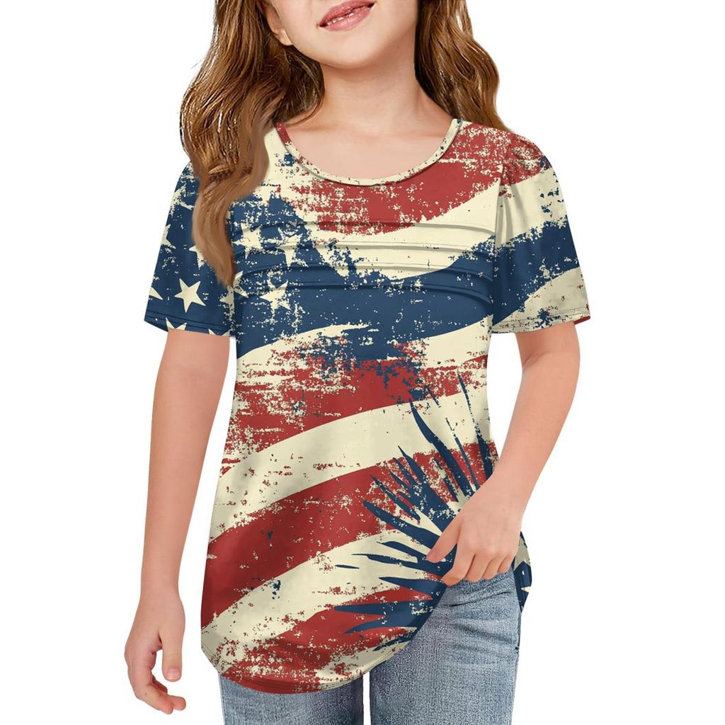 Детская плиссированная футболка с коротким рукавом, летняя футболка с круглым вырезом и принтом «День независимости»