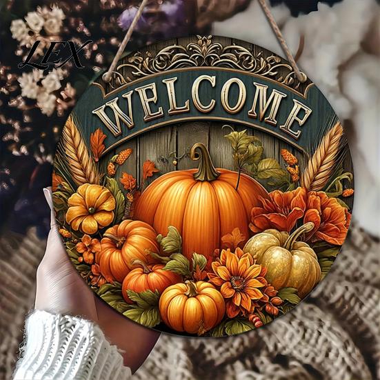 Outdoor Farmhouse Seasonal Decoration Harvest Festival Welcome Sign for Front Door, Rustic Wooden Hanging Autumn with Hemp Rope, Pumpkin Plaque