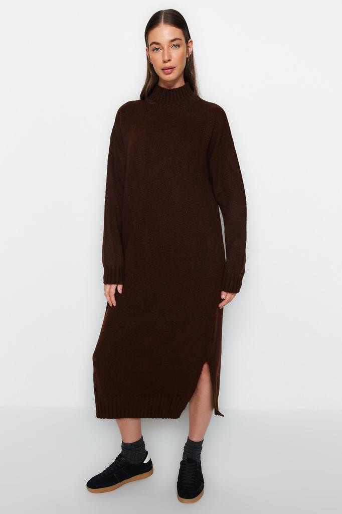 Женское платье, новый сезон, модное коричневое широкое трикотажное платье миди, мягкое текстурированное платье с высоким воротником