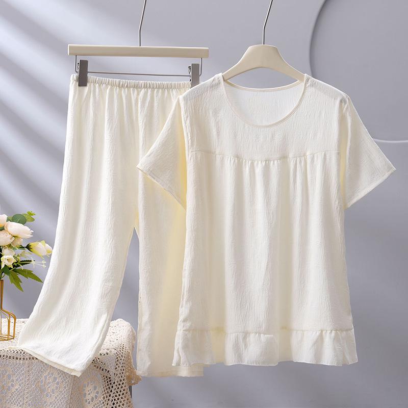 Женский пижамный комплект 2026 Cloud Cotton: Тонкий топ с коротким рукавом и длинные брюки на весну/осень, идеально подходят для улицы и высококачественной домашней одежды.