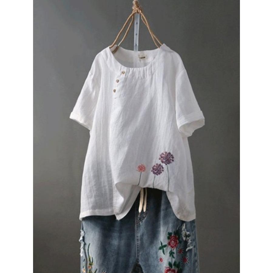 Блузка больших размеров, повседневные хлопковые льняные топы в стиле ретро, ​​винтажная рубашка с вышивкой для женской одежды