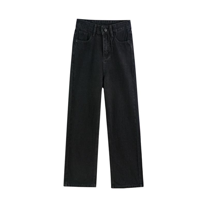 Women's Black High-Waisted Straight-Leg Jeans, Loose Wide-Leg, Floor-Length, 2025 Spring Trend