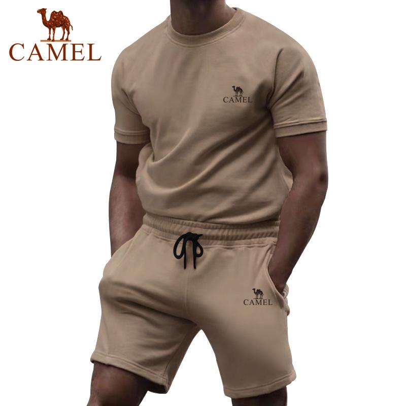 Camel Short Sleeved Men's Summer Casual Fashion Solid Color Two-piece Sports Suit Trendy Quarter Pants