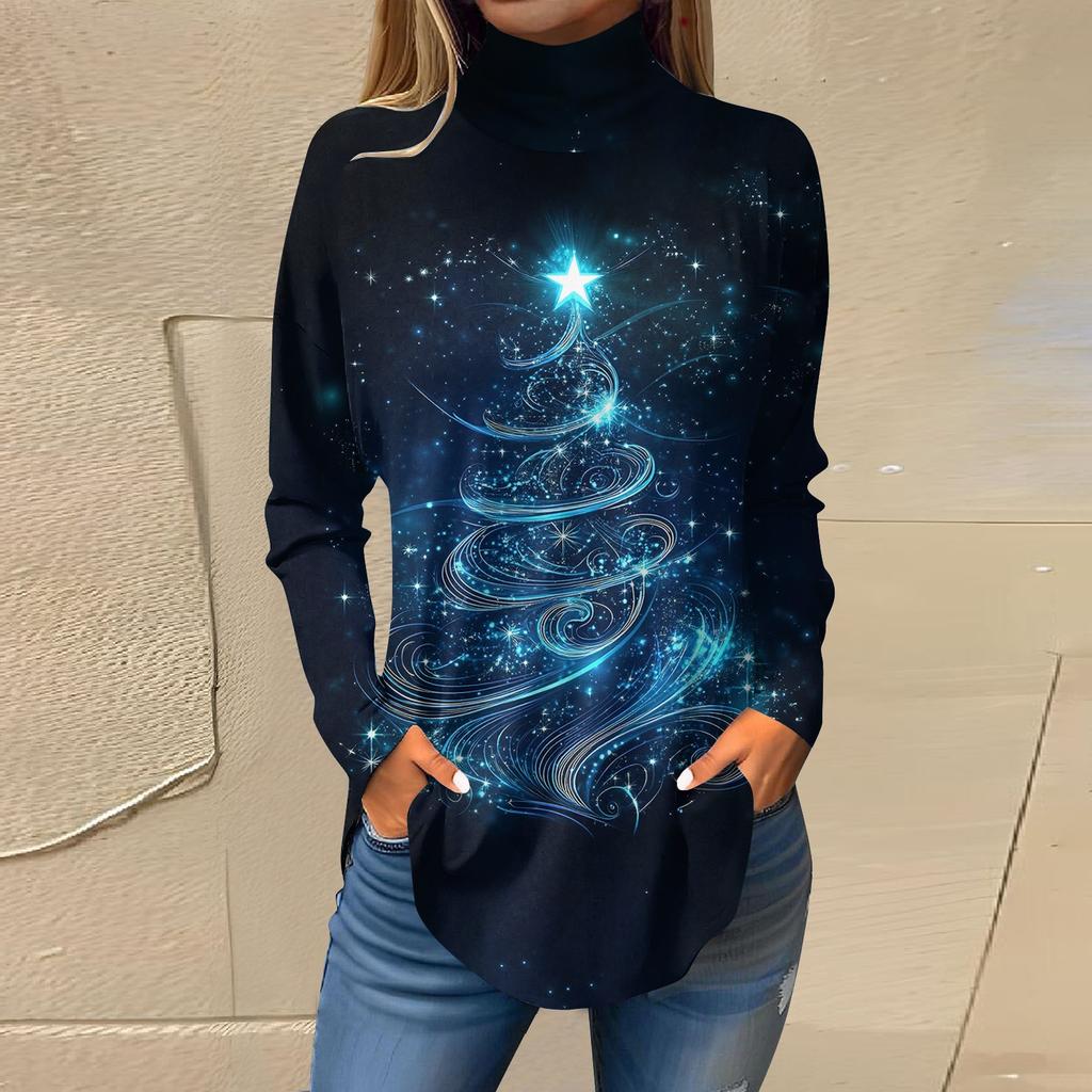 Женская модная повседневная футболка с длинным рукавом с высоким воротом и принтом, пуловер, топ