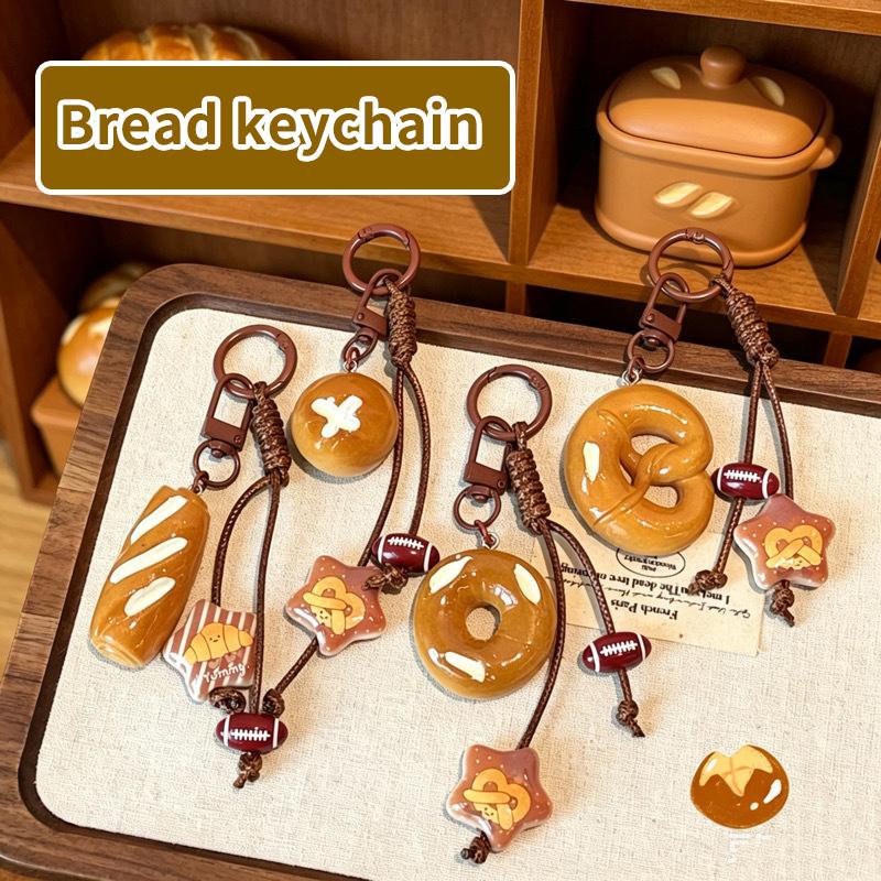 Cute Bread Shape Keychain with Webbed Lanyard Durable Key Ring Handbag Ornament Unique Gift for Pastry Enthusiasts
