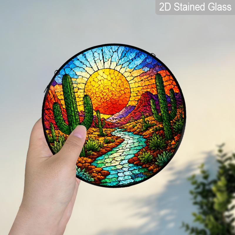 1pc 2D Flat Landscape Stained Glass Suncatcher, 6.3/7.87 Inch Desert Sunset Lake Glass Suncatcher, Southwestern Landscape Window Hanging, Warm Sunset
