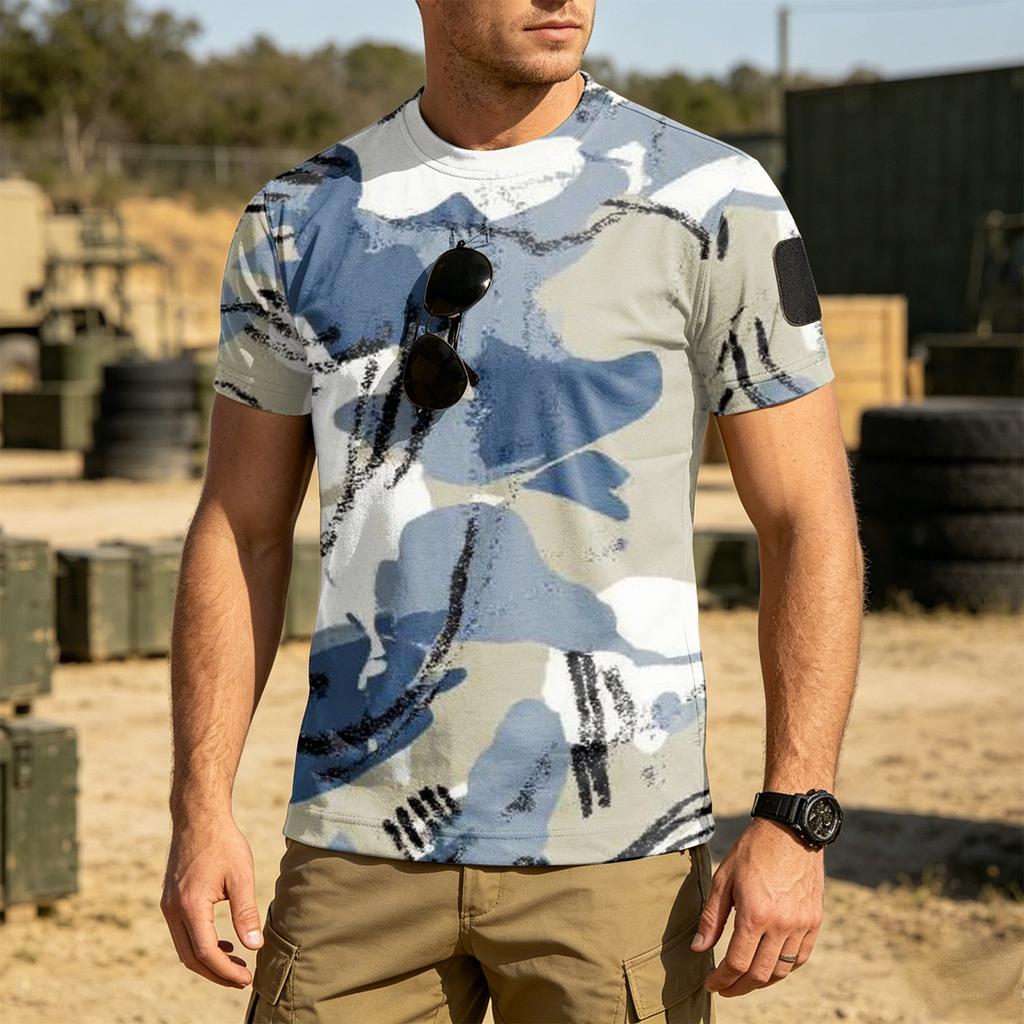 Men Tactical Camouflage Pattern Crew Neck Loose Fit Short Sleeve Outdoor Quick Dry T Shirt with Velcro Patch Panel