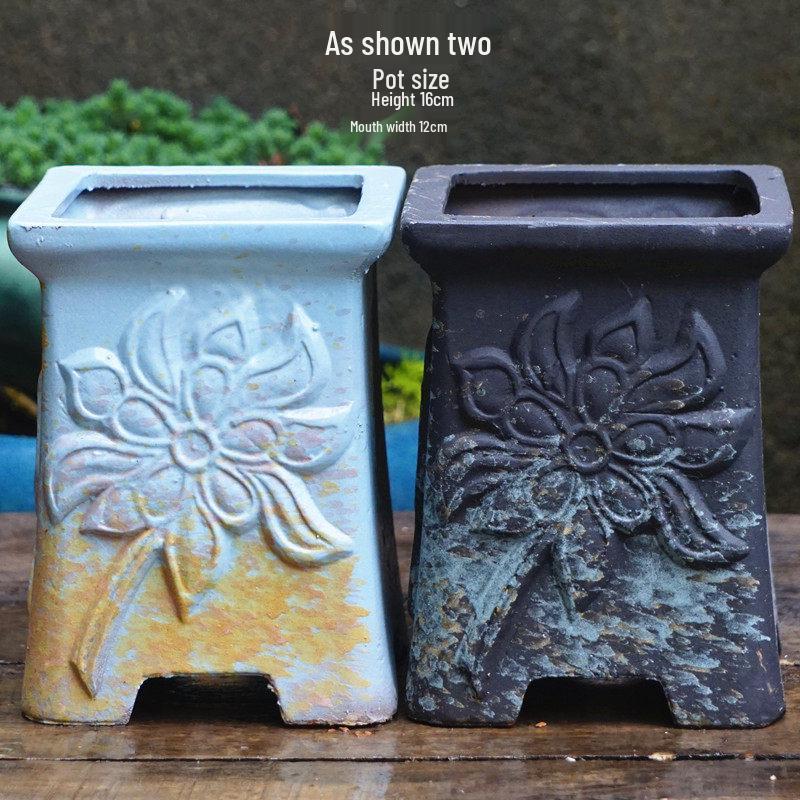 Yixing Handmade Square Mouth Coarse Pottery Planter - Large Succulent Flower Pot with Old Branch Design and Jade Pendant.