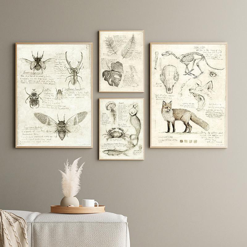 Винтажная лиса, бабочка, олень, насекомое, нота, ретро постер, грибы, холст, картина, настенная живопись, принт, настенные панно для декора гостиной
