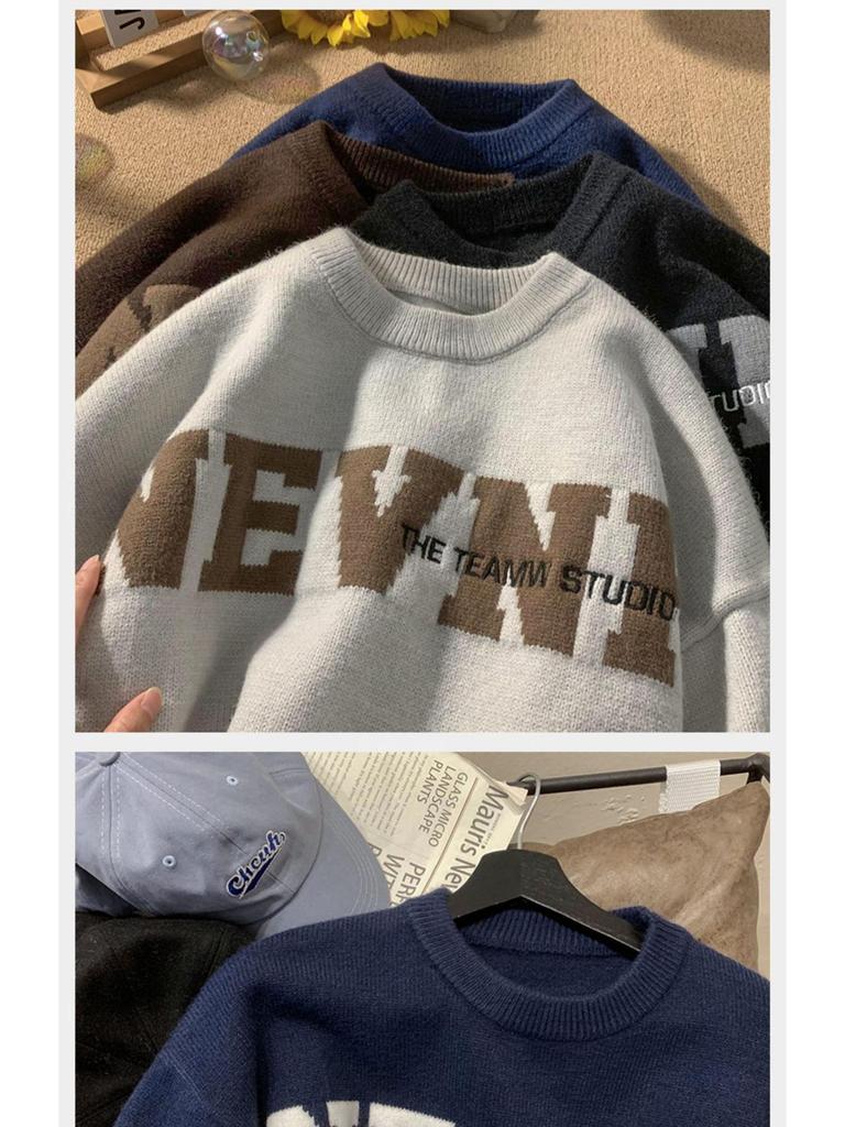 Свитер с круглым вырезом и длинным рукавом с американским ретро-принтом букв 2025 года - Модный, Универсальный, Молодежный Осенне-Зимний Наряд для Пары