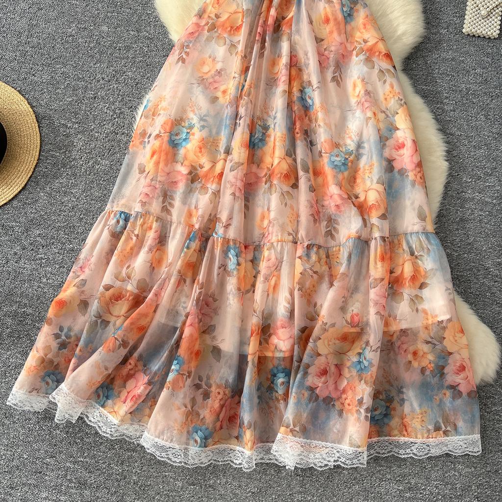 Высококачественное цветочное пляжное макси-платье для женщин с разрезом по горловине, эластичное отпускное шифоновое платье А-силуэта с кружевным принтом, длинный сарафан