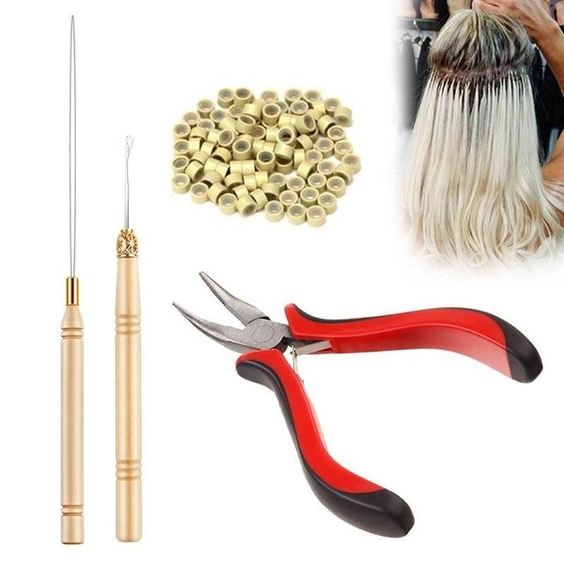 Hair Extension Kit Pliers Pulling Hook Bead Device Tool Kits with 500pcs Silicone Rings LS