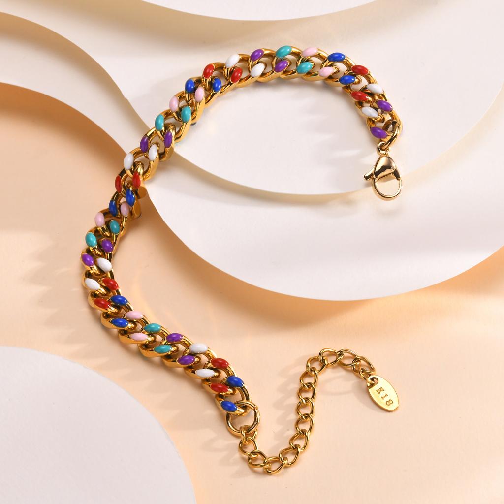 Statement Chain Bracelet for Women, Charm Cuban Stainless Steel 18k Gold Plated Adjustable Stackable Jewelry
