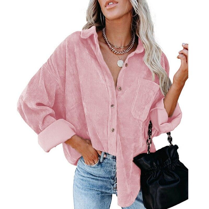 Хлопковая Повседневная вельветовая блузка женская в полоску размера плюс женская рубашка-куртка винтажная пуговица с карманом свободные модные блузки топы 17787