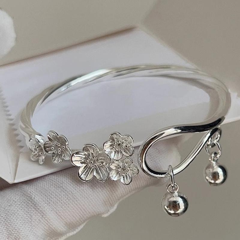 Браслет-колокольчик в виде цветка сливы в китайском стиле, ретро, серебряный цвет, браслеты-манжеты для женщин, открытый браслет-браслет в виде цветка, ювелирные изделия