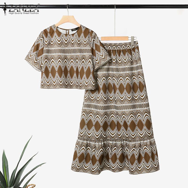 ZANZEA Женские летние комплекты из двух частей: блузка с коротким рукавом и длинные юбки