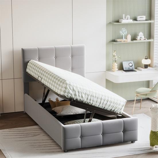 Upholstery Bed 90 x 200cm Height-Adjustable Headboard Large Space Ergonomic Children Design Hydraulic Single with Slatted Frame Home Furniture Flat