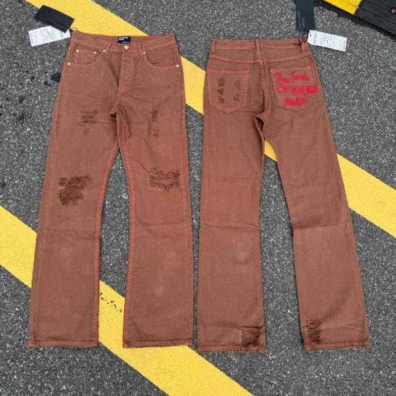 Men Women High Street Distressed Denim Jeans With Embroidery Patch Straight Fit Water Washed Slim Flare Trousers