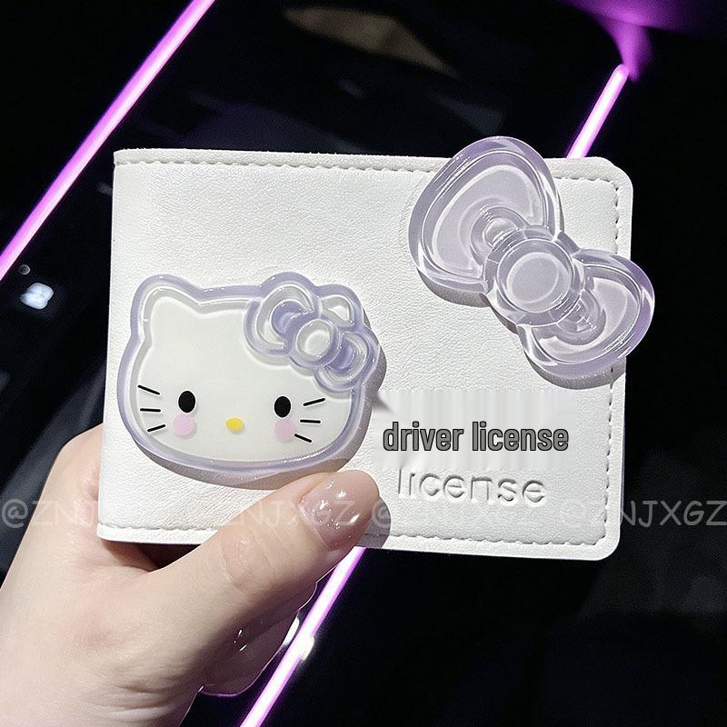 Светло-фиолетовый 3D-бант Hello Kitty Держатель для водительских прав - Мягкая обложка из полиуретановой кожи