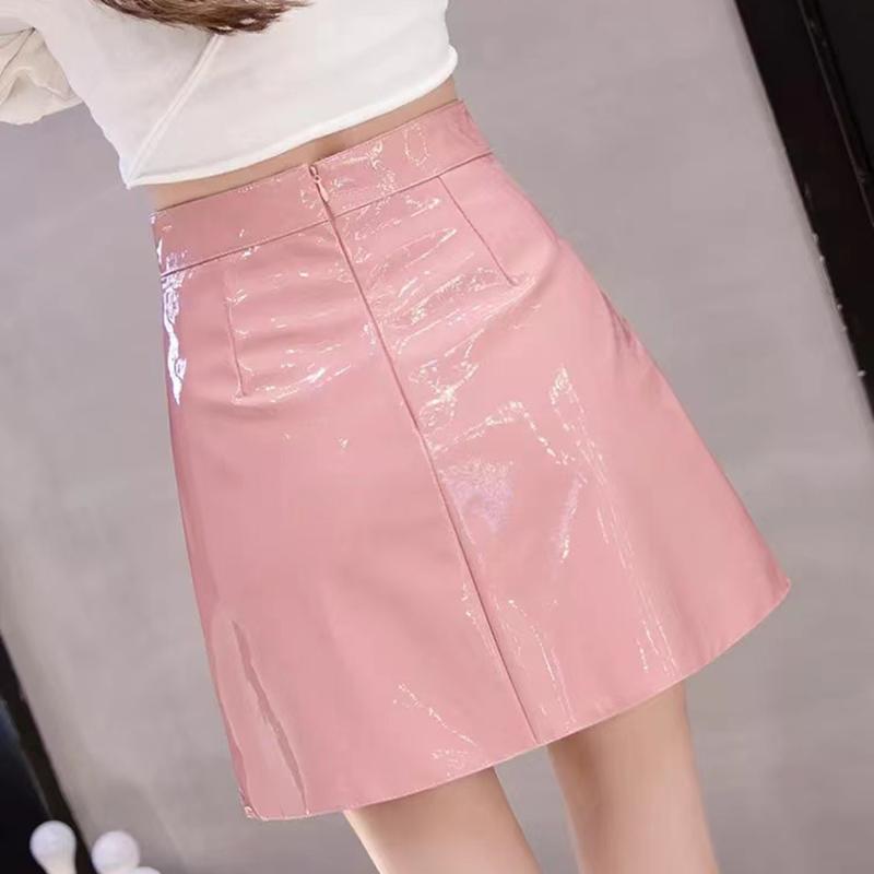 Юбки из искусственной кожи, женские уличные юбки с высокой талией, лакированная кожа, черные, розовые, синие, повседневные юбки трапециевидной формы, женские летние тонкие юбки на молнии на бедрах