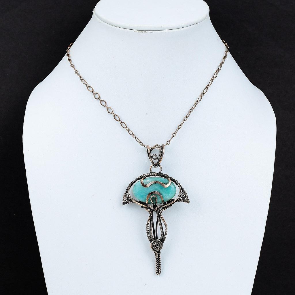 Подвеска из амазонита, обернутая медной проволокой, подвеска из драгоценного камня, настоящие украшения из амазонита, подвеска в этническом стиле, медные украшения ручной работы, подарок на годовщину