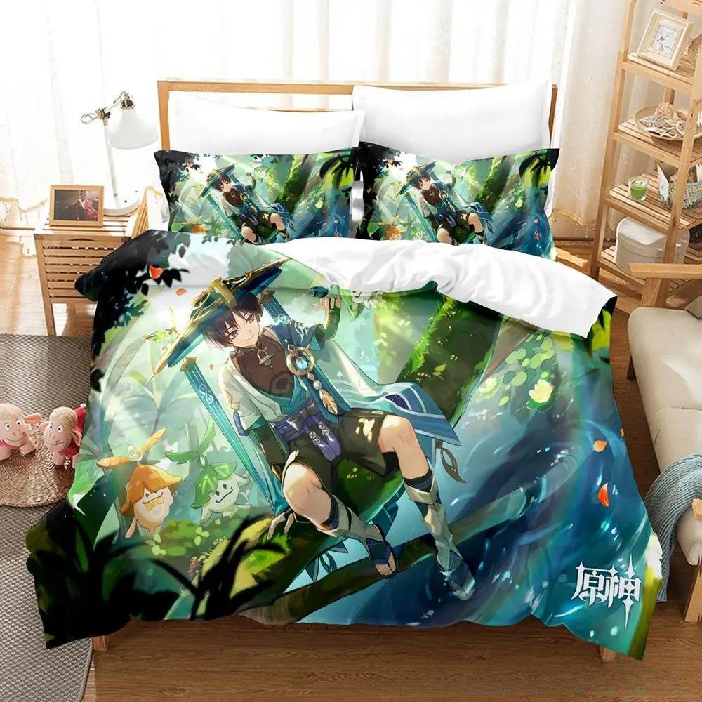 New Anime Genshin Impact Bedding Set Duvet Cover Pillowcase for children adults 2/3piece set Single/Double/Queen Large Size Gift