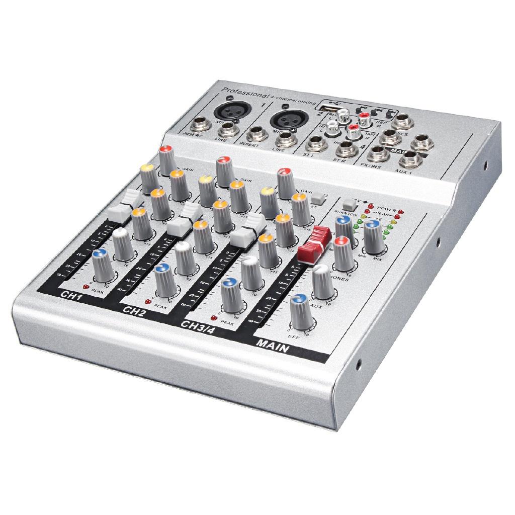 4-канальный микшер Мини Профессиональный Студийный Аудиомикшер для Живого Звука USB Микшерный Пульт DJ Сцена KTV черный/серебристый 48В 23.6*19.3см