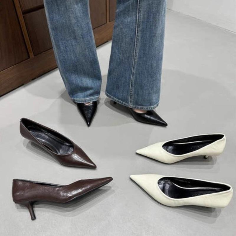 Autumn New Thin Heel Single Shoes Women's Fashion Pointed Head Shallow Mouth Leather Anti-slip Wear-resistant High Heels