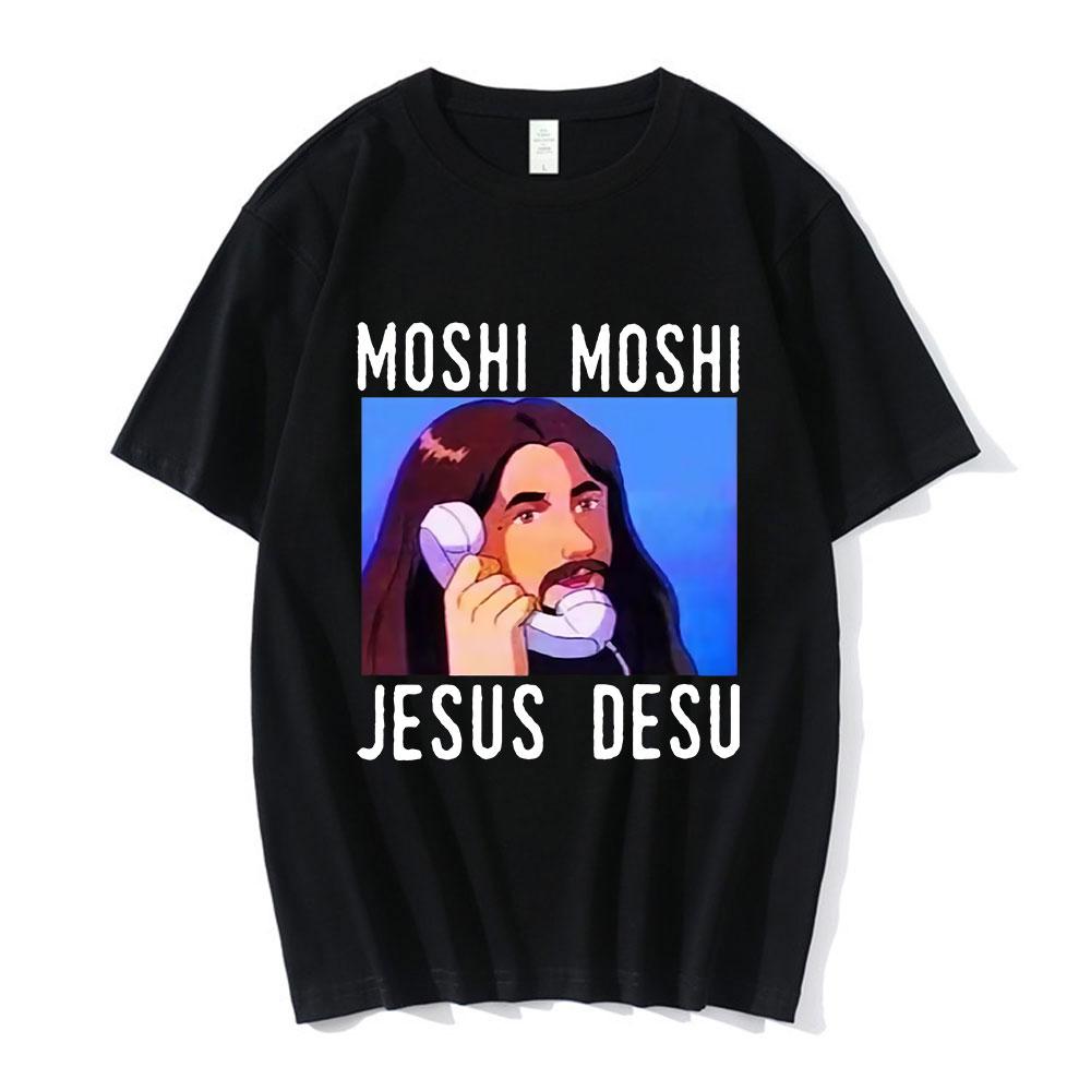Nicolas Cage Moshi Moshi Jesus Desu T-Shirt Men Funny Meme Picolas Cage Awesome T-shirts Polyester Short Sleeve T Shirt Clothing