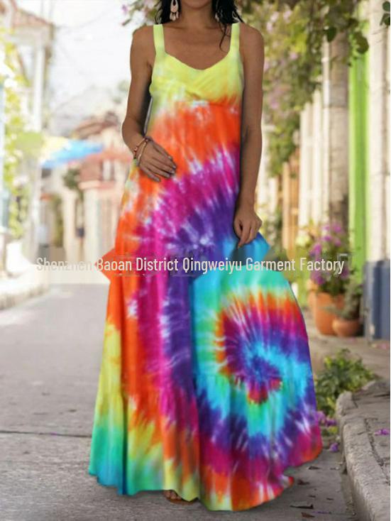 Платье без бретелек с принтом тай-дай 3D в стиле бохо с открытыми плечами 2025 года