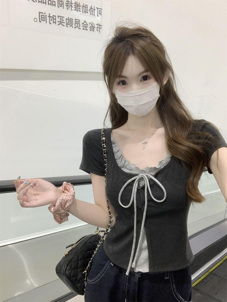 Women's Summer Chic Ruffled Lace-Up U-Neck Short-Sleeve T-Shirt, Slim Fit, Faux Two-Piece Design