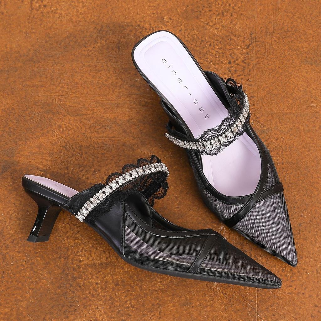 59015 High Heels Women's Thick Heel Summer 2025 New Bag Head Mesh Cool Slippers Pointed Rhinestone Single Shoes