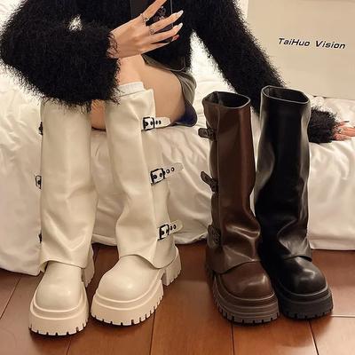 Зимние женские высокие сапоги на платформе и каблуках, модная обувь 2025 года, новый бренд, до колена, пряжка, мотоцикл