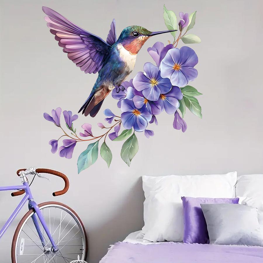 Мультяшные Эстетичные Фиолетовые Цветочные Колибри Наклейки на Стену, Самоклеящийся Декор для Комнаты Спальни