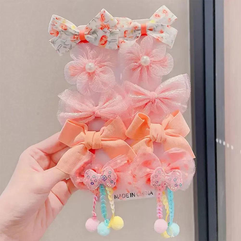 10pcs/set Mesh Bowknot Flower Hair Clips Sweet Cute Children Colorful Hairpin Headwear Hair Accessories