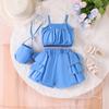 Сладкий комплект для девочек Летняя детская мода Топ-халтер с бантом + Кружевные шорты с бисером