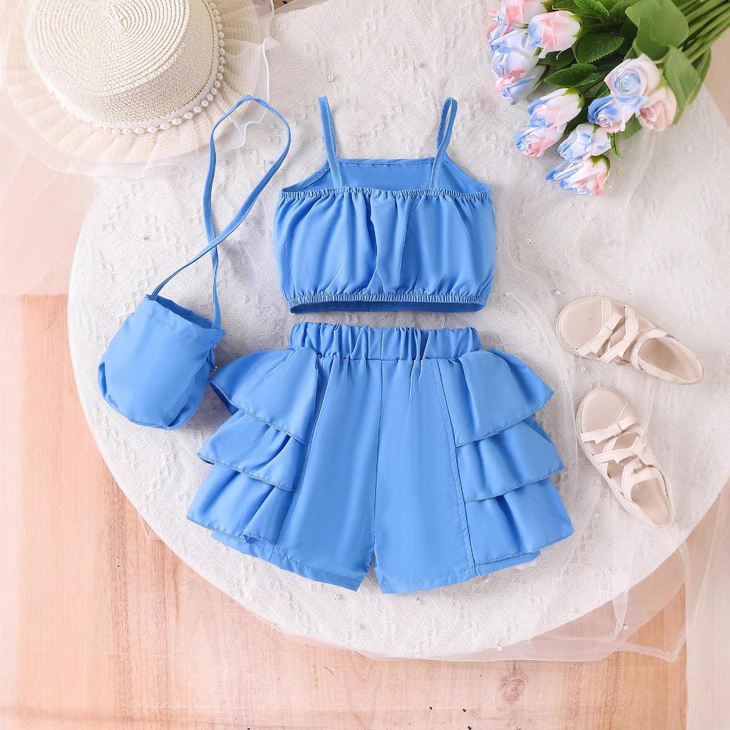 Сладкий комплект для девочек Летняя детская мода Топ-халтер с бантом + Кружевные шорты с бисером