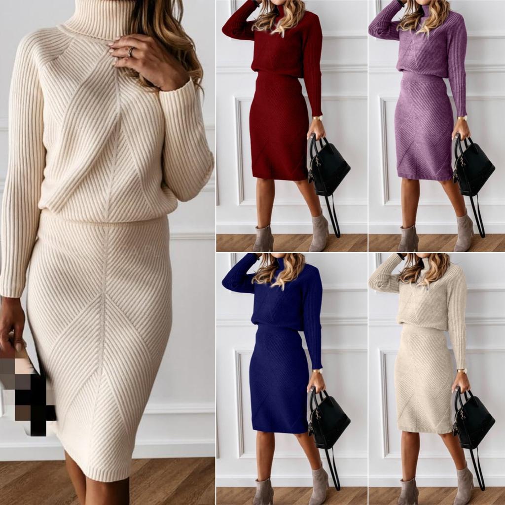 2024  Autumn and Winter New Women‘s European and American Turtleneck Knitted Solid Color Pullover Sweater Suit Skirt