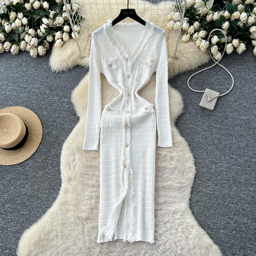 Новые женские платья Осень Зима Винтажное лоскутное вязаное миди-платье Элегантное платье-рубашка-свитер с V-образным вырезом и оборками