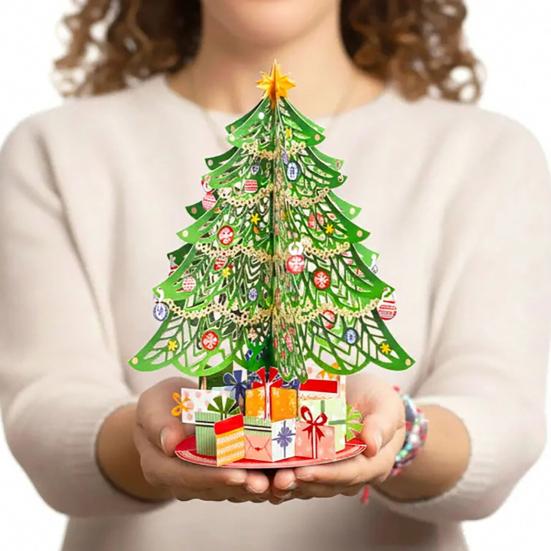 Christmas Atmosphere Home Decor 3D Puzzle Paper Tree Decoration, Holiday Desktop Ornaments Compact Xmas for Party with Star Topper And Gift