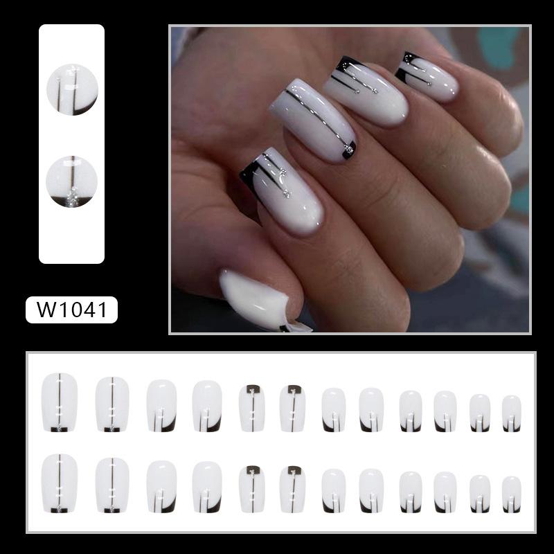 square simple aurora black and white mandarin duck color glitter line manicure ins wind wearing nail piece